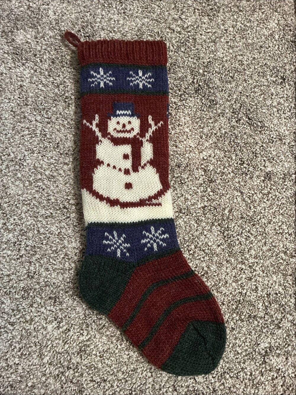 Vintage Knit Snowman Christmas Stocking Wool Blend Red Blue Nordic Holiday
